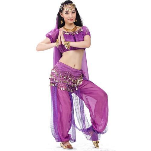 Indian Dance Costume Bollywood Costume Belly Dance Dress For Women Polyester Clothes 5-pieces Short Sleeve Dance Crop Top