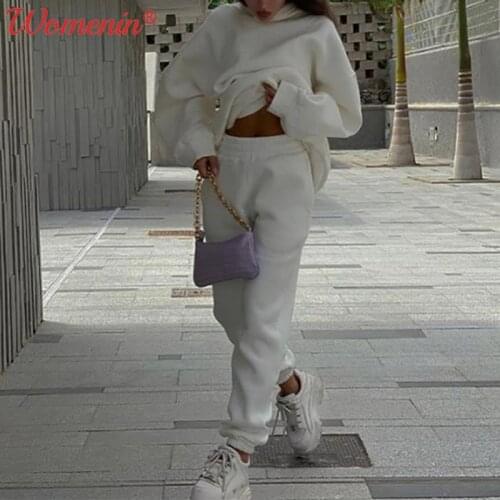 Ins Fleece Turtleneck Womens Tracksuit Suit Cropped Two Piece Set Batwing Sleeve Top Joggert Female 2021 Autumn Casual Sets