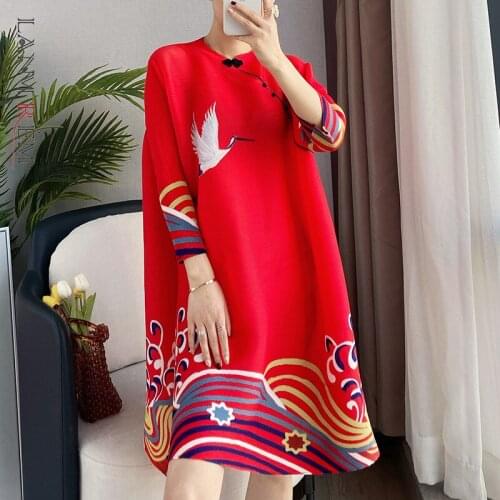 LANMREM Pleated Printed Dress For Women 2021 Three Quarter Sleeves Vintage Dresses Loose Casual Party Clothing 2D3997