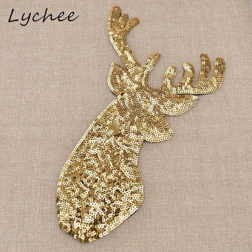Lychee Silver Gold Color Elk Deer Sequin Non-woven Fabric Adhesive Patches DIY Iron On Garment Women Bag Applique