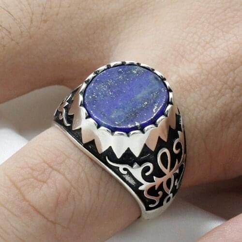 Pure Real 925 Sterling Silver Men Ring with Natural Flat Lapis Lazuli Blue Stone Vintage Carved Design Turkish Male Ring Jewelry