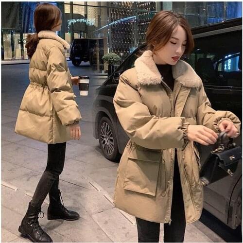 Bella Philosophy Women Winter Parka Coat Loose Fur Collar Parkas Thick Waist Adjust Long Sleeve Zipper Pockets Female Overcoat