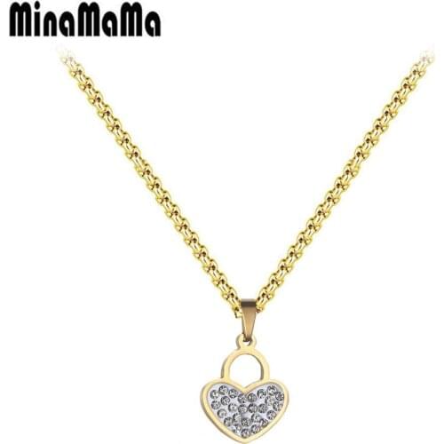 Simple Stainless Steel Round Link Chain Rhinestone Heart Pendant Necklace For Woman Girls Crystal Love Heart Jewelry Gift