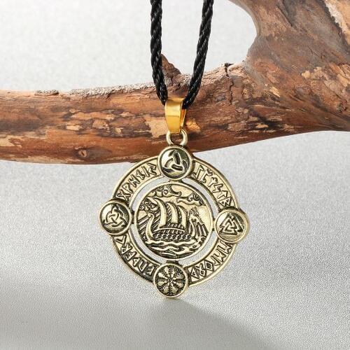 QIAMNI Gothic Norse Elder Futhark Runes Horse Amulet Necklace Pendant Helm of Awe Odins Horn Triquetra Viking Jewelry Choker