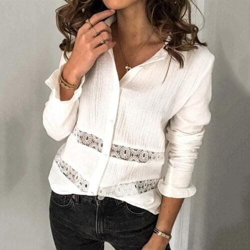 Plus Size M-5XL Women Shirts Stitching Hollow out Lacework Blouses Feminine Buttons Long Sleeve Top Casual Women Loose Blouses
