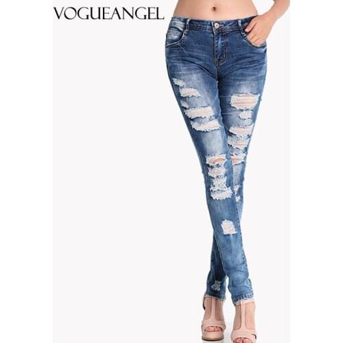 Blue Ripped Jeans for Women 2021 Street Style Sexy Mid Rise Distressed Trouser Stretch Skinny Hole Denim Pencil Pants S-2XL
