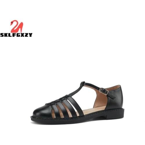 SKLFGXZY New Summer Women Sandals Genuine Leather Cowhide Black Comfortable Beach Shoes Roman Style