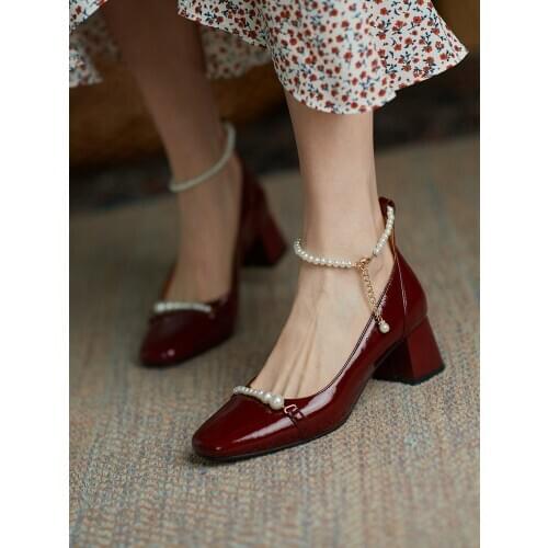 EshtonShero New Women Buckle Square Med Heels Pumps Summer String Bead Pumps Retro White Cow Leather Round Toe Shoes Woman