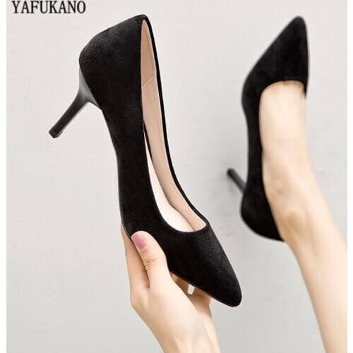 Temperament Black Flock Career Work Shoes 5cm 7cm Brand Women Pumps Pointed Toe Dress Shoes Lady Thin High Heels Plus Size 34-41