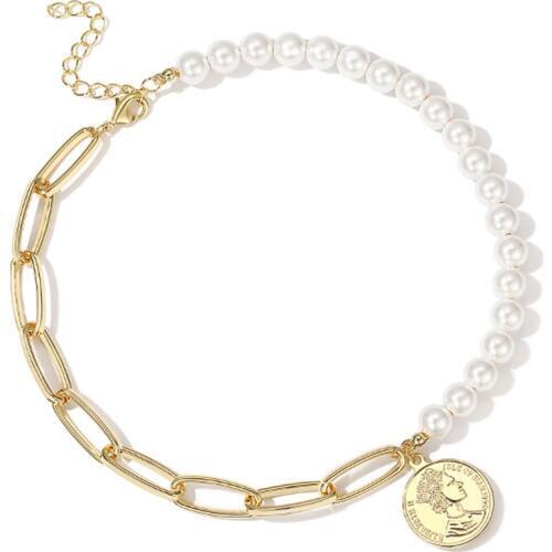 Ladies Elegant Queen Pendant Necklace White Imitation Pearl Beaded Metal Chain Asymmetry Necklace Pearl Cross Pendant Necklaces