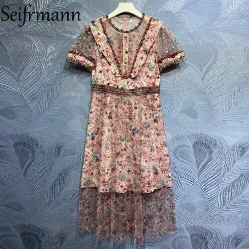 Seifrmann New 2021 Summer Women Fashion Runway Party A-Line Dress Short Sleeve High Waist Vintage Printed Elegant Mesh Dresses