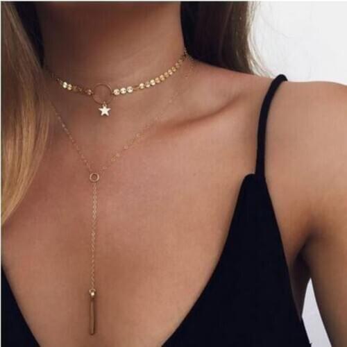 Fashion Personality Womens Necklace Simple Handmade Sequins Star Tassel Wishing Stick Pendant Necklace 2021 Trend Party Gift
