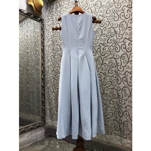 100%Cotton Blue Dress 2021 Autumn Fashion Party Women V-Neck Pocket Patchwork Sleeveless Mid-Calf Length Elegant Dress Vestido