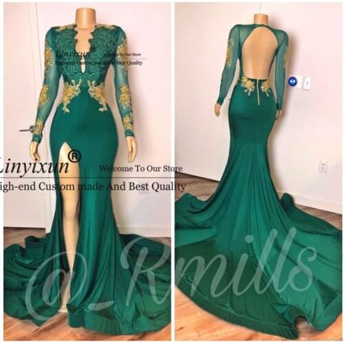 Hunter Green Long Sleeve Prom Dresses 2021 Luxury Gold Lace Beaded V-Neck Backless Evening Gown abendkleider robes de soirée