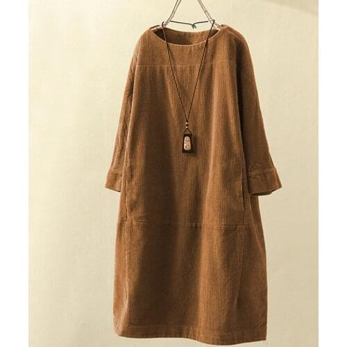 Hot Sale 2021 New WomenS Spring Autumn Solid Color Three Quarter Sleeve Corduroy Mid-Calf Dress