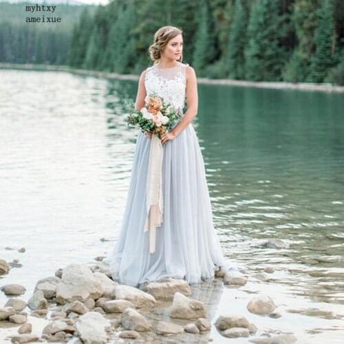 Sexy Boho Wedding Dress O-neck Appliques Lace Top Vintage Princess Wedding Gown Light Sky Blue Bottom Beach Bride Dress 2020