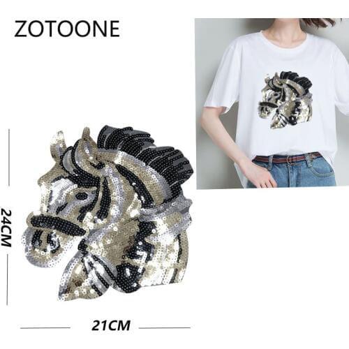 ZOTOONE Iron on Big Horse Head Patches Sewing on Large Sequin Patches for Clothing Applique Stripe on Clothes for Diy T-shirt I