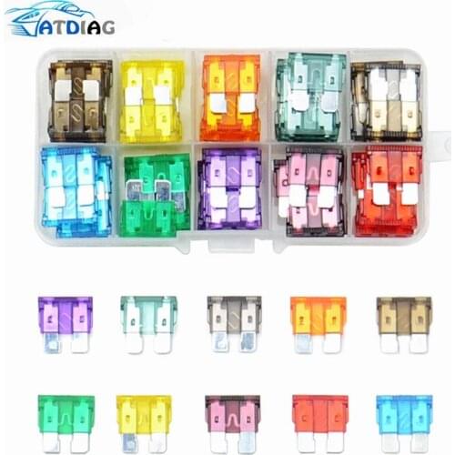 100/50Pcs Car Fuse Assortment Set Auto Car Truck Profile Medium Size Blade Type 2.5/3/5/7.5/10/15/20/25/30/35A Fuse with Box