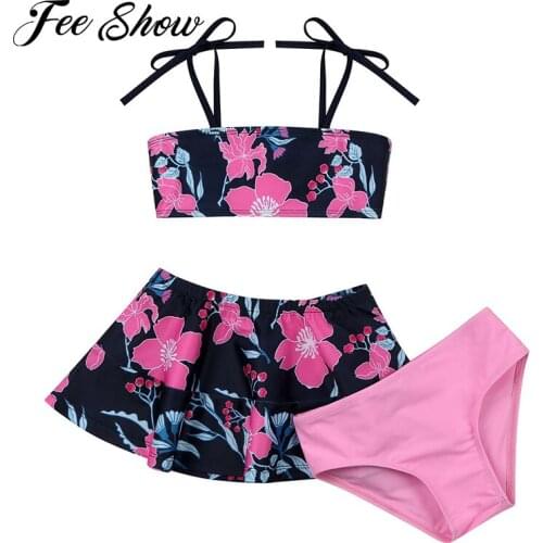 3Pcs Teen Girls Brazilian Swimsuits Summer Swimming Suit Straps Tube Tops with Skirt and Briefs Set Beach Swimwear Bathing Suits