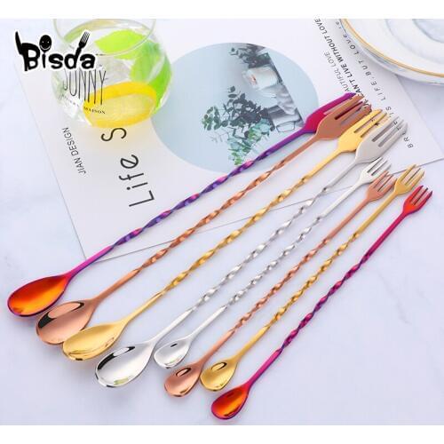 4pcs Stainless Steel Long Cocktail Spoons Drink Mixing Spoons Spiral Bartender Tools Mixing Spoon Bar Accessories Bar Gadgets
