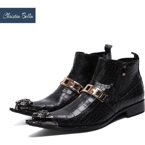 Christia Bella Snake Skin Men Shoes Genuine Leather Boots New Fashion Chain Simplicity Pointed Toe Boots Large Size Short Boots