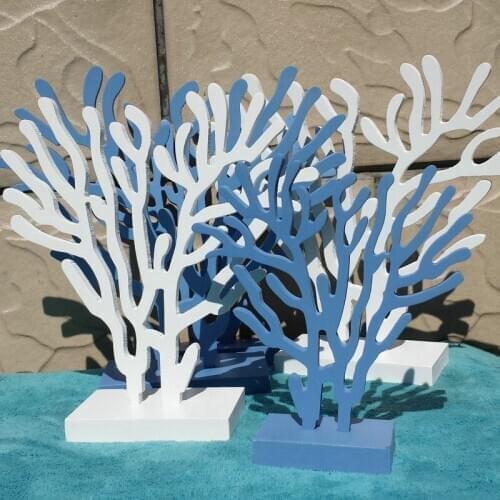 Mediterranean Style Wooden Coral Three-Piece Set Desktop White Ocean Blue Ornaments Handmade Crafts Home Decorations