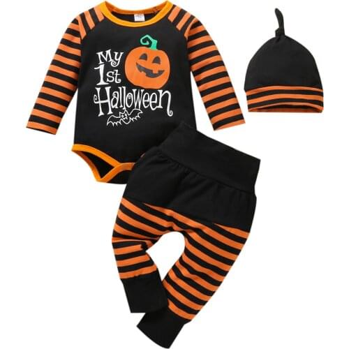 Infant Baby Girls Boys Long Sleeve Romper + Trousers + Hat, Halloween Theme Pumpkin Print Autumn Clothing