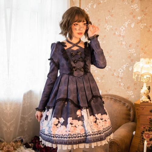 Gothic japanese sweet lolita dress vintage lace bowknot printing cross strap victorian dress kawaii girl gothic lolita op cos