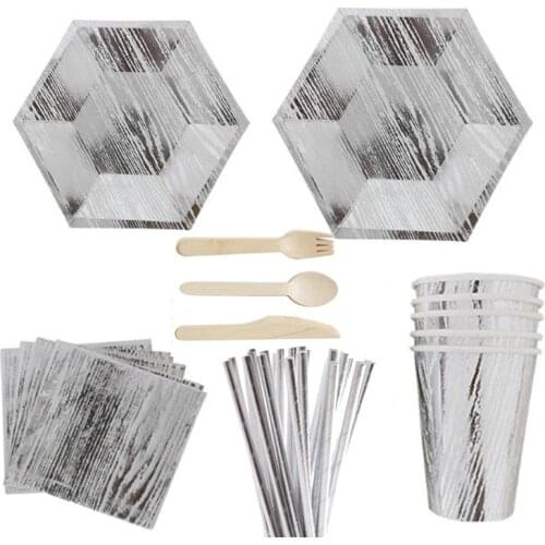 Serves 8 silver hexagon wood design wedding disposable party tableware dinnerware party supplies set paper plates cups straws
