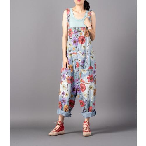 Women Printed Plus Size Jumpsuits Ladies Loose Print Casual Holes Ripped Denim Overalls Rompers Jeans Pants Female Vintage