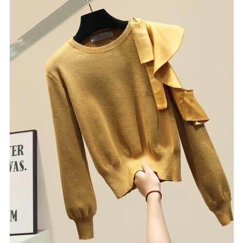 Splicing Shoulder-exposed Short Slim Sweater Women Knitted Pullover Short Pullovers Coat Ladies All-match Top Ruffles Jumper