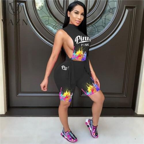 VAZN 2021 Summer Letter Sleeveless Party Elegant Skinny Sport Lady Stretch O-neck Suits 2 Piece Set Women Top And Pant