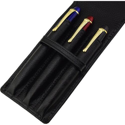 Leather Pencil Case Washed Cowhide Pen Case / Bag for 3 Pens , Black Pen Holder / Pouch High Quality for Men & Women