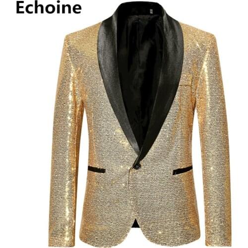 Men Sequine Jacket Blazer Slim Fit Golden Suit Jacket Shinning Club Outfit Party Outwear Streetwear Performance Dancer Clothing