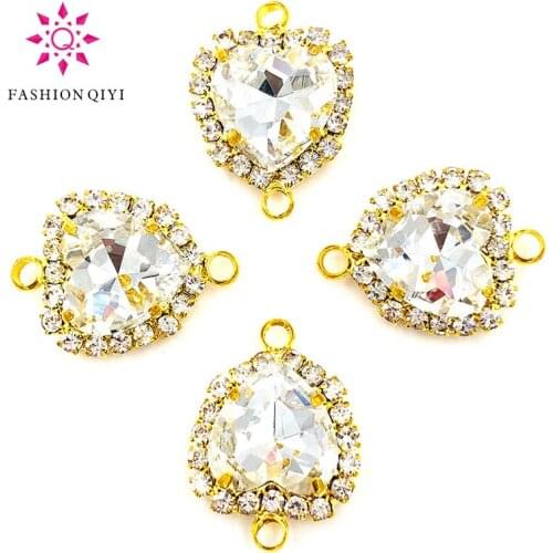 New arrive 12mm white heart shape gold base double loop Crystal button flatback Glass sew on rhinestones diy wedding decoration