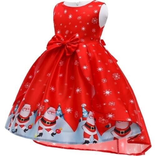 Christmas Dress Girl 10 9 8 7 6 5 4 3 2 Years Santa Pattern New Year Costume Party Halloween Bowknot Sleeveless Kid Clothes 2021