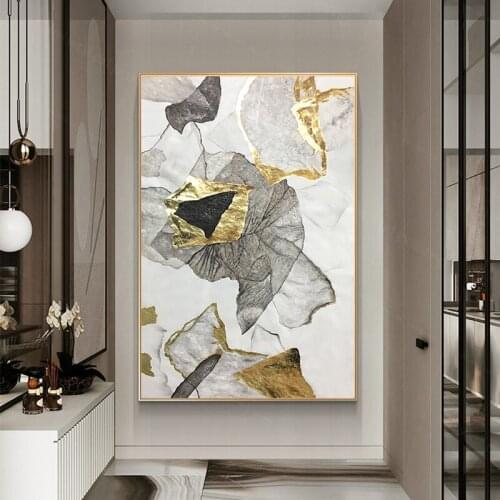 Hand Painted Gold Abstract Painting On Canvas Wall Art Pictures Home Hallway Decoration Room Decor Texture Gray Leaf