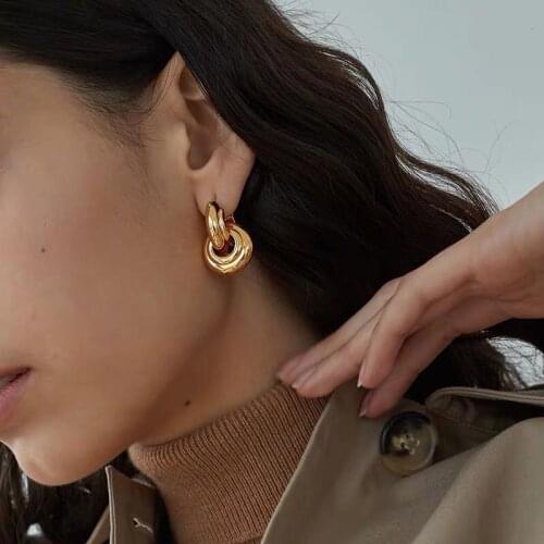 Brass With 18K Gold Double Ring Statement Earrings Women Jewelry Punk Party Gown Runway rare Boucle Korean Japan INS Fashion