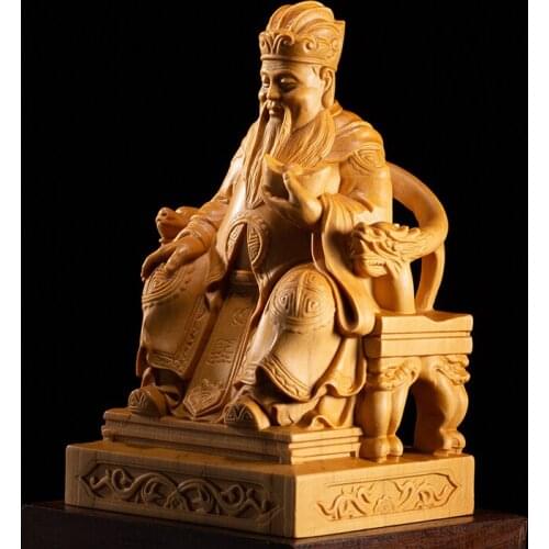 Boxwood 12cm Wealth God Sculpture Chinese Myths Wood Carving Buddha Statue Home Decor