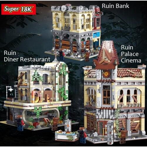 In Stock Super18K Apocalypse City Street Ruin Theater Dinner Restaurant Jengmu Bank Architecture Building Block Bricks Gift Toys