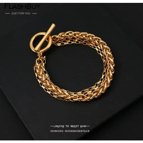 Flashbuy New Fashion Multi-layer Gold Color Bracelets Women Male Thick Box Link Curb Cuban Chain Bracelet Minimalist Jewlery