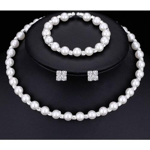 Pearl Rhinestone Necklace Bracelet Earrings Set for Women Fashion Elegant Luxury Bridal Jewelry Set