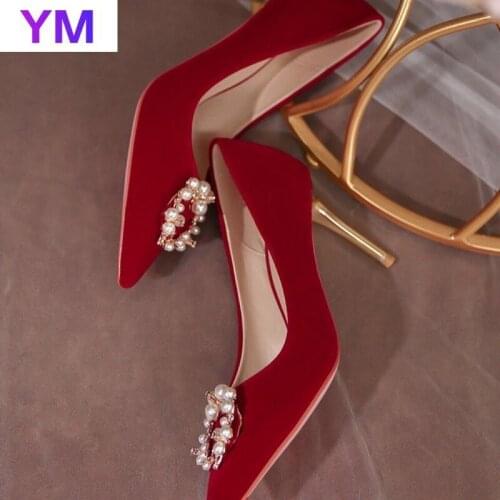 Women Pumps Classic Wedding Shoes Pearl Dress Stiletto Bride Pointed Toe Thin High Heel Zapatos Rojos Mujer 2021 Sexy Heels 39