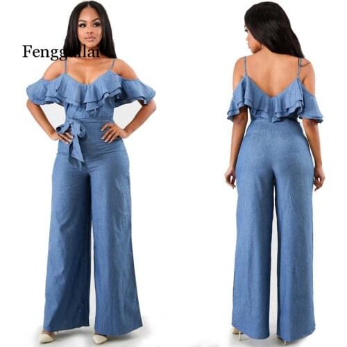 Womens Sling V-neck Ruffled Wide Leg Jumpsuit