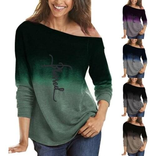 Women Ladies One Shoulder Top Casual Coat Long Sleeve Print Clothes New T-Shirt_