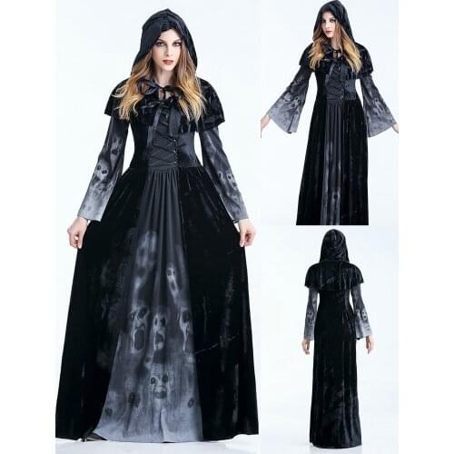 Witch Cosplay Ladies Dress With Hat Gothic Halloween Bodycon A-Line Women Maxi Long Sleeve Dress Performance Costume Dress