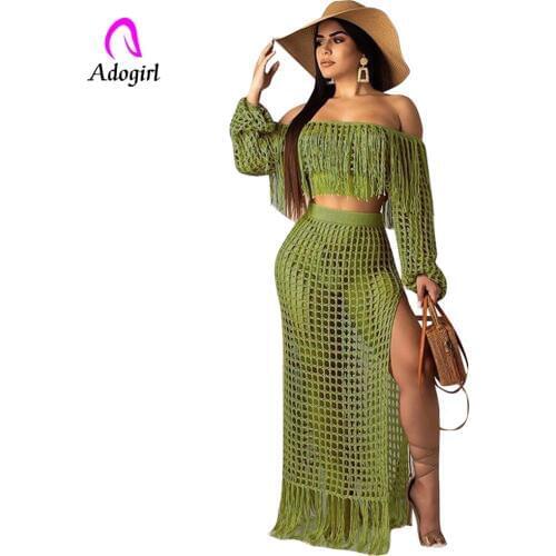 White Bathing Wear Cover Up Women 2 Piece Suit Fishnet Mesh Grid See Though Tassel Off Shoulder Crop Top and Maxi Skirts Beach