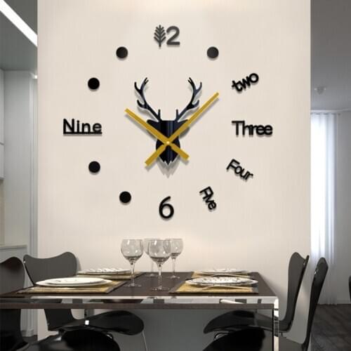 DIY Large Wall Clock 3D Acrylic Mirror Decorative Wall Clock Living Room Deer Head Sticker Quartz Needle Europe Watch Home Decor