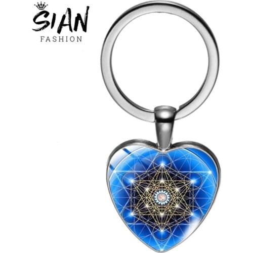 SIAN Metatron Cube Creative Heart Keychian For Women Man Trendy Picture Glass Face Key Chain Ring Alloy Keyring Student Jewelry