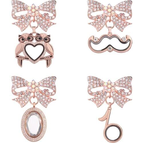 5pcs/lot Women Party Gift Jewelry Rose Golden Flower bownot Rhinestone Brooches Glass Living Memory Lockets Fit Floating Charms